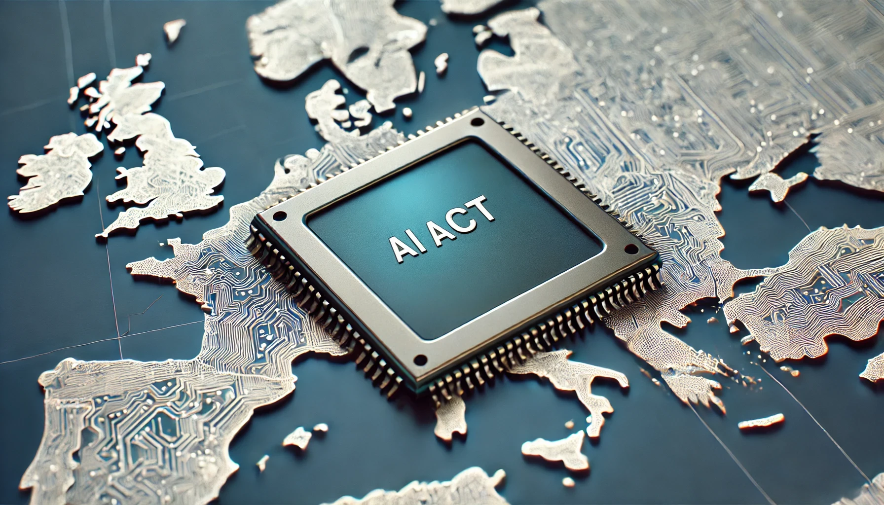 Mikrochip mit der Aufschrift 'AI Act' auf einer Europa-Karte, symbolisiert Regulierung von Künstlicher Intelligenz in Europa.